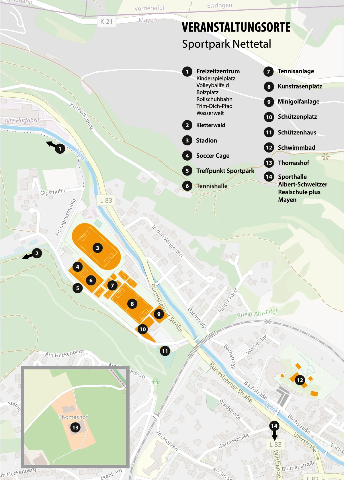 Kartenansicht mit Veranstaltungsorten des Sportpark Nettetal in Mayen